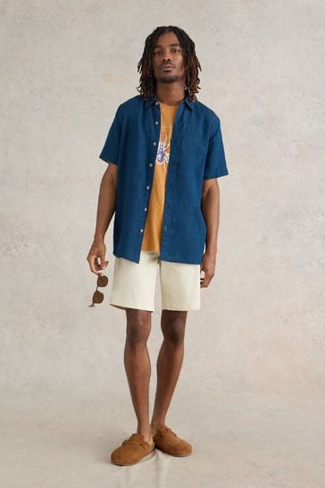 White Stuff Blue Camo Pembroke Short Sleeve Linen Shirt