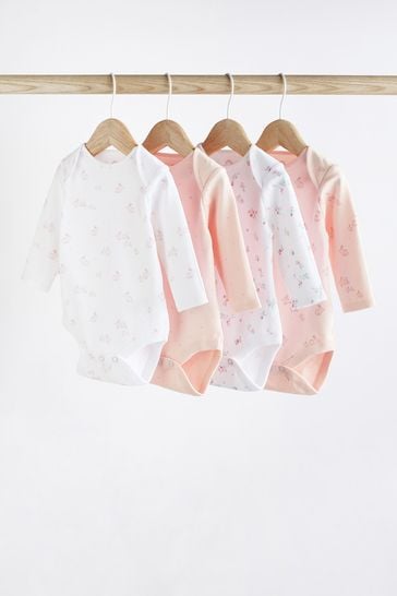 Pink/White Bunny 4 Pack Baby Long Sleeve Bodysuits