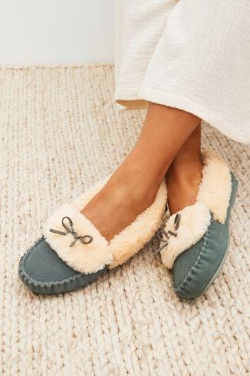 Green Suede Moccasin Slippers