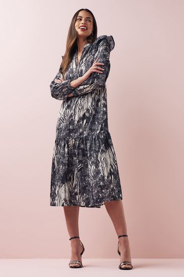 Monochrome Black Print Satin Lace Detail Midi Dress