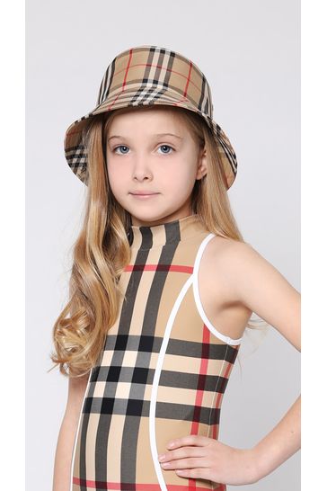 Girls Check Print Swimsuit In Beige