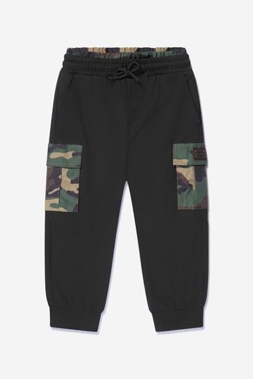 Boys Cotton Camouflage Pocket Joggers in Black