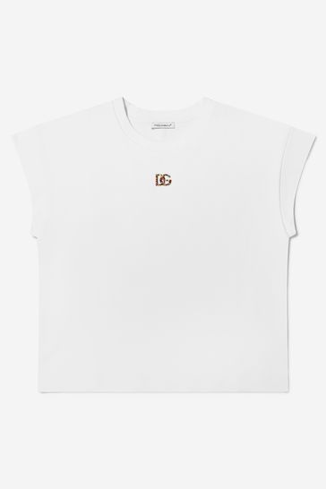 Girls Cotton Wide Fit Logo T-Shirt in White