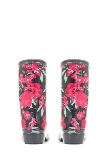 Pavers Ladies Black Floral Print Wellies Ankle Boots