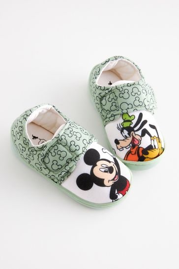 Mickey Mouse Green/Ecru Cream Touch Fastening Cupsole Print Slippers