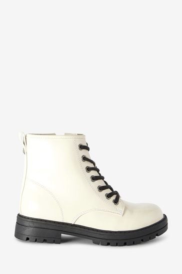 Bone White Patent Wide Fit (G) Warm Lined Lace-Up Boots