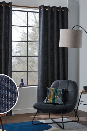 Navy Blue Textured Fleck Eyelet Lined Curtains