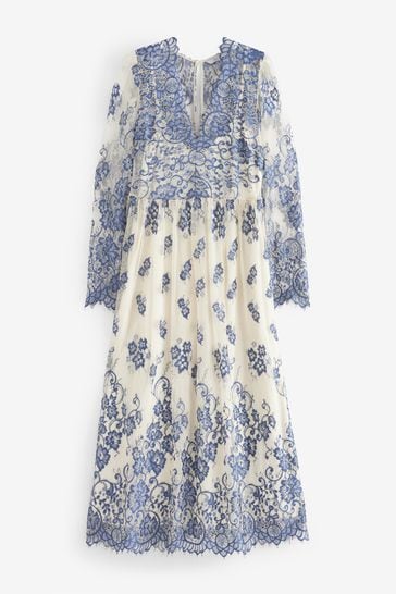 Blue and cream lace dress top