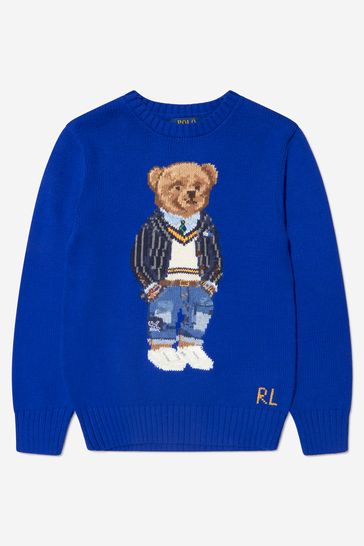 Boys Cotton Long Sleeve Bear Sweater in Blue