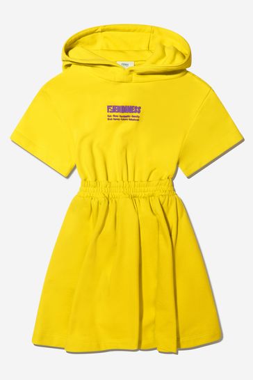 Girls Cotton Hooded Logo Dress in Yellow