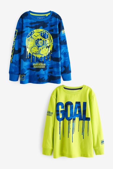 Blue Camo/Lime Green Football 2 Pack Long Sleeve T-Shirts (3-16yrs)