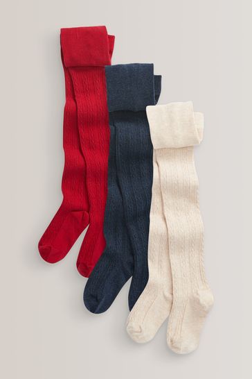 Red/Navy Blue/Cream 3 Pack Cotton Rich Cable Tights