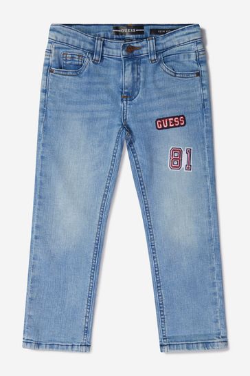 Boys Cotton Denim Slim Jeans With Badges in Blue