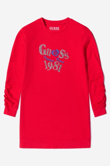 Girls French Terry Logo Dress in Red