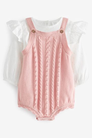 Pink Pink Cable Knitted Baby Romper Blouse and Tights Set 0mths 2yrs