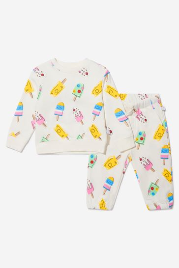 Baby Girls Cotton Fleece Lolly Print Tracksuit in White