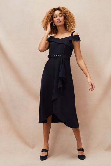 Navy bardot frill midi dress clearance