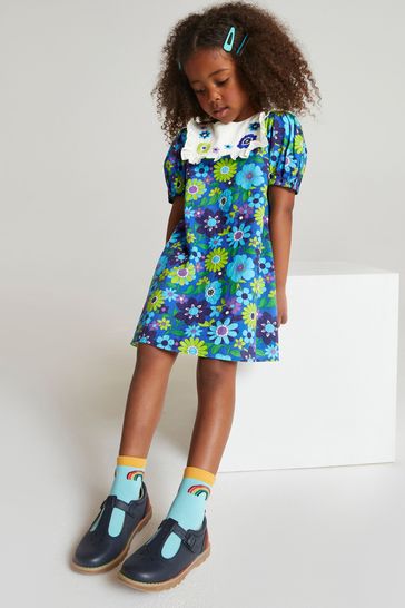 Little Bird by Jools Oliver Blue Retro Floral Puff Sleeve Dress