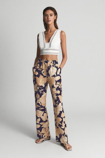 Buy Reiss Navy Print Leo Printed Wide Leg Linen Trousers from Next