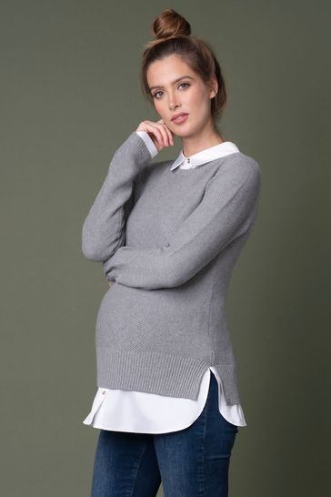 Seraphine Grey Mock Shirt Cotton Mix Maternity And Nursing Jumper