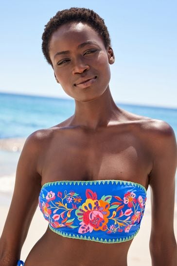 Buy Blue Embroidered Bandeau Bikini Top from Next Luxembourg