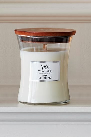 Woodwick White Medium Hourglass Linen Scented Candle