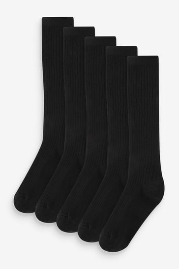 Black Ribbed 5 Pack Cotton Rich Knee High Socks