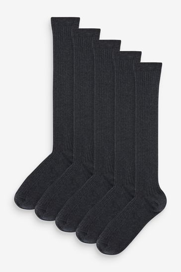 Grey Ribbed 5 Pack Cotton Rich Knee High Socks