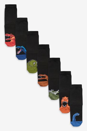 Pack de 7 pares de calcetines negros con motivos de dinosaurio y alto contenido en algodón