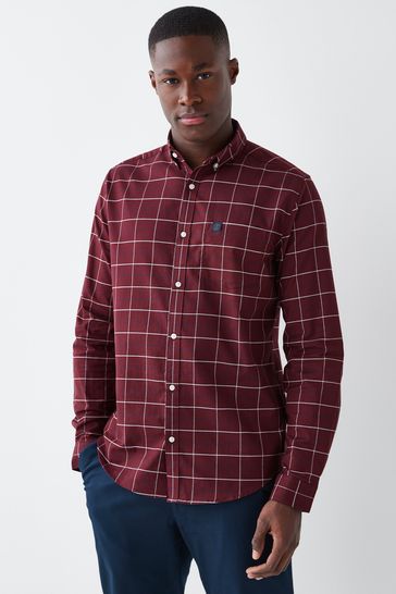 Burgundy Red/White Stretch Oxford Check Long Sleeve Shirt