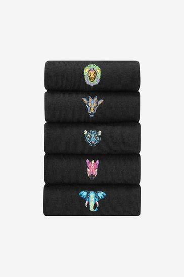 Black Bright Animal 5 Pack Embroidered Socks