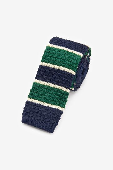 Navy Blue/Green Stripe Slim Knitted Tie