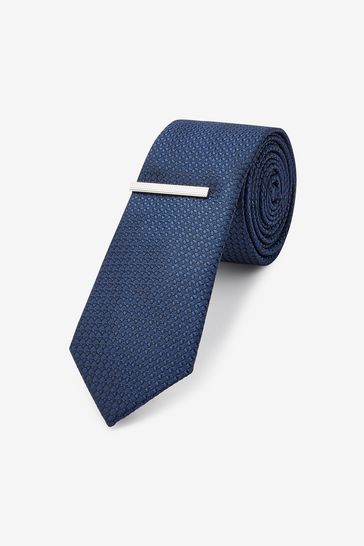 Navy Blue Slim Textured Tie And Clip Set