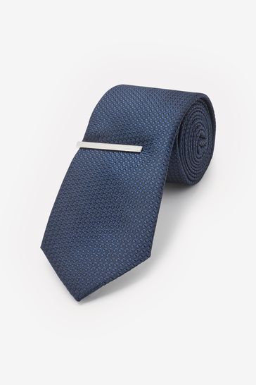 Navy Blue Textured Tie And Clip Set