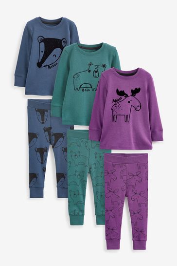 Purple/Green/Blue Woodland Animals Snuggle Pyjamas 3 Pack (9mths-12yrs)