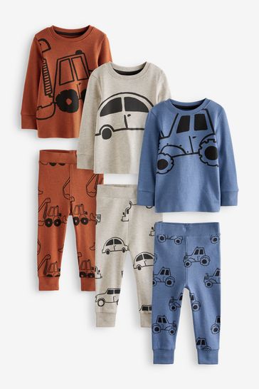 Blue/Rust Brown/Grey Transport 3 Pack Snuggle Pyjamas (9mths-12yrs)