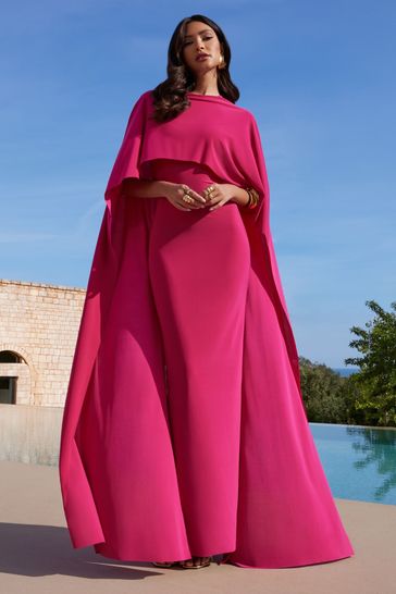 Club L London Pink Padma Draped Maxi Dress With Cape Sleeves