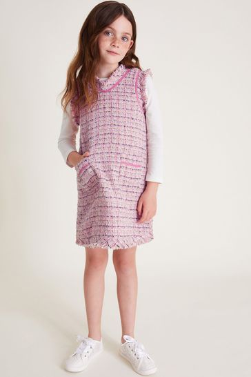 Monsoon Pink Tweed Pinafore Dress with Long Sleeve T Shirt