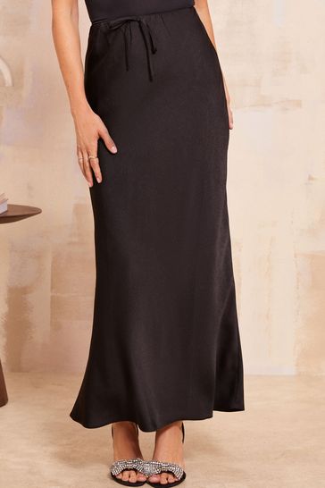 Womens Friends Like These Black Satin Bias Maxi Skirt With Tie Waist