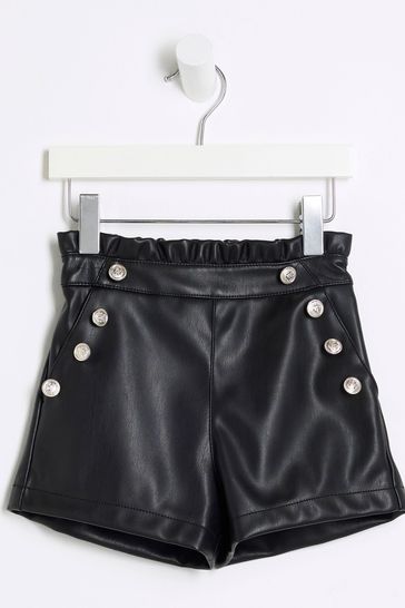 Buy River Island Black Girls Faux Leather Military Shorts from Next Italy