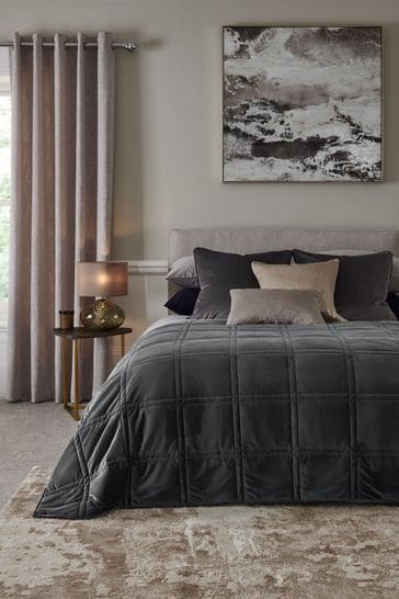 Charcoal Grey Luxurious Quilted Velvet Bedspread