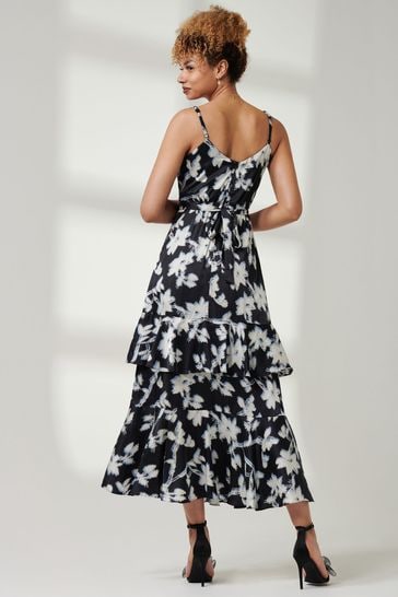 Jolie Moi Black Front Slit Satin Midi Dress