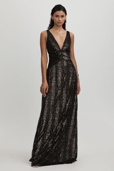 Halston Plunge Neck Sequin Maxi Dress