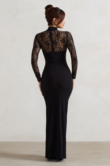 Buy Club L London Black Arden High Neck Split Maxi Dress With Lace Sleeves from Next Bahrain