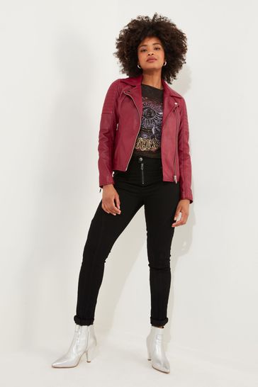 Buy Joe Browns Pink Raspberry Asymmetric Zip Stitch Detail Leather Biker Jacket from Next Saudi Arabia