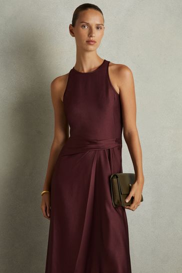 Buy Reiss Burgundy Micah Petite Satin Drape Tuck Midi Dress from Next Bahrain