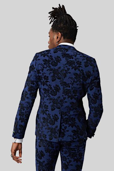 Twisted Tailor Blue Jackalope Skinny Fit Floral Flocked Jacket