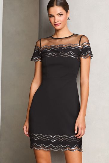 Lipsy Black Short Sleeve Sequin Scallop A Line Mini Dress
