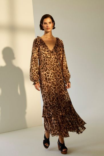 Monsoon Brown Rowena Leopard Print Ruffle Dress