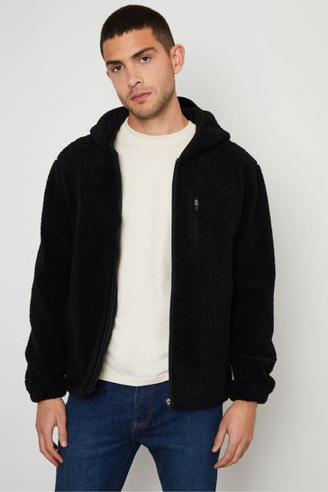 Black Threadbare Zip Through Borg Hoodie